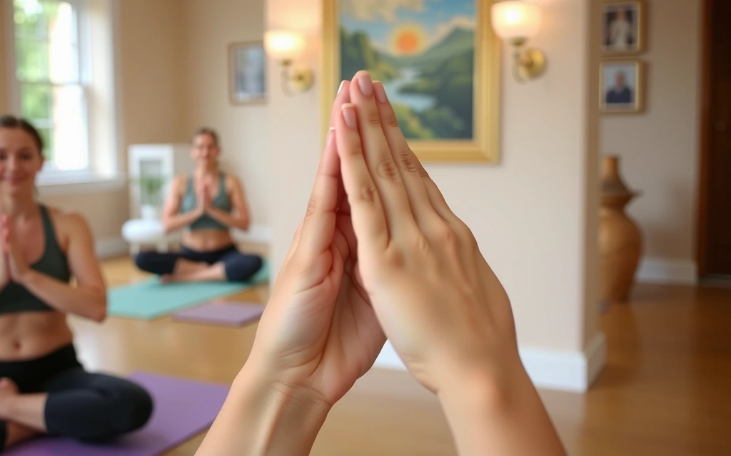 A close-up of a yoga practitioner's hands in Anjali Mudra (prayer pose) with soft, blurred studio background.