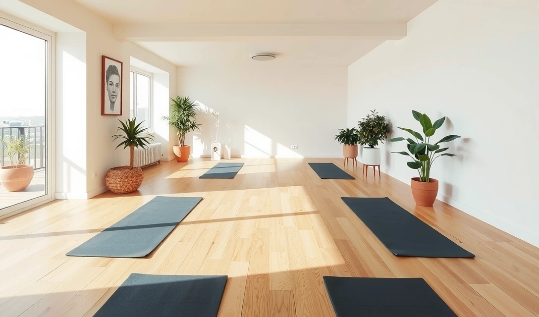 A serene yoga studio with soft lighting, natural wood floors, and plants, creating a peaceful atmosphere.