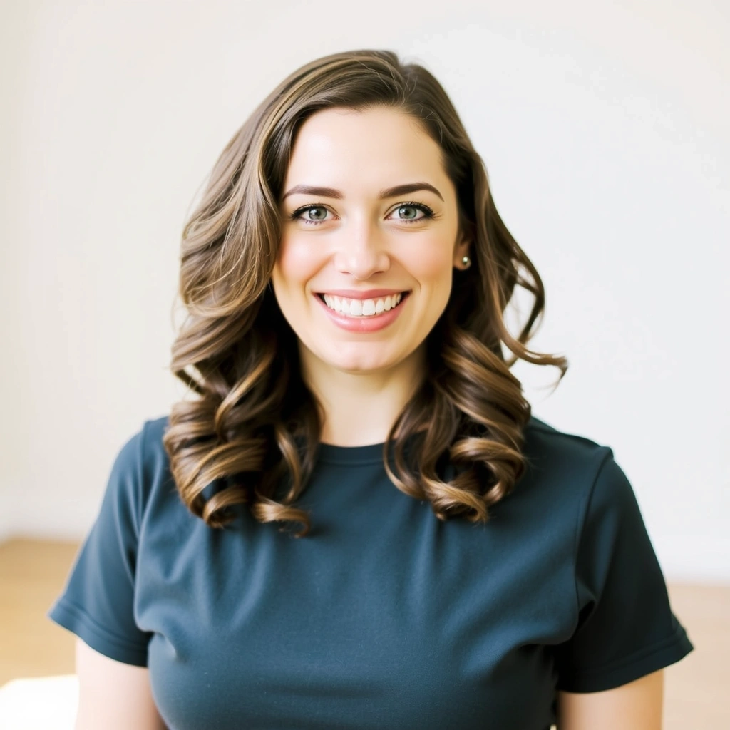 Professional headshot of Chloe Davies, a joyful female yoga instructor with a bright, welcoming smile.