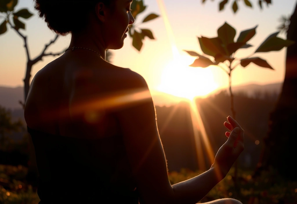 A person practicing meditation outdoors at sunrise, symbolizing mindfulness.