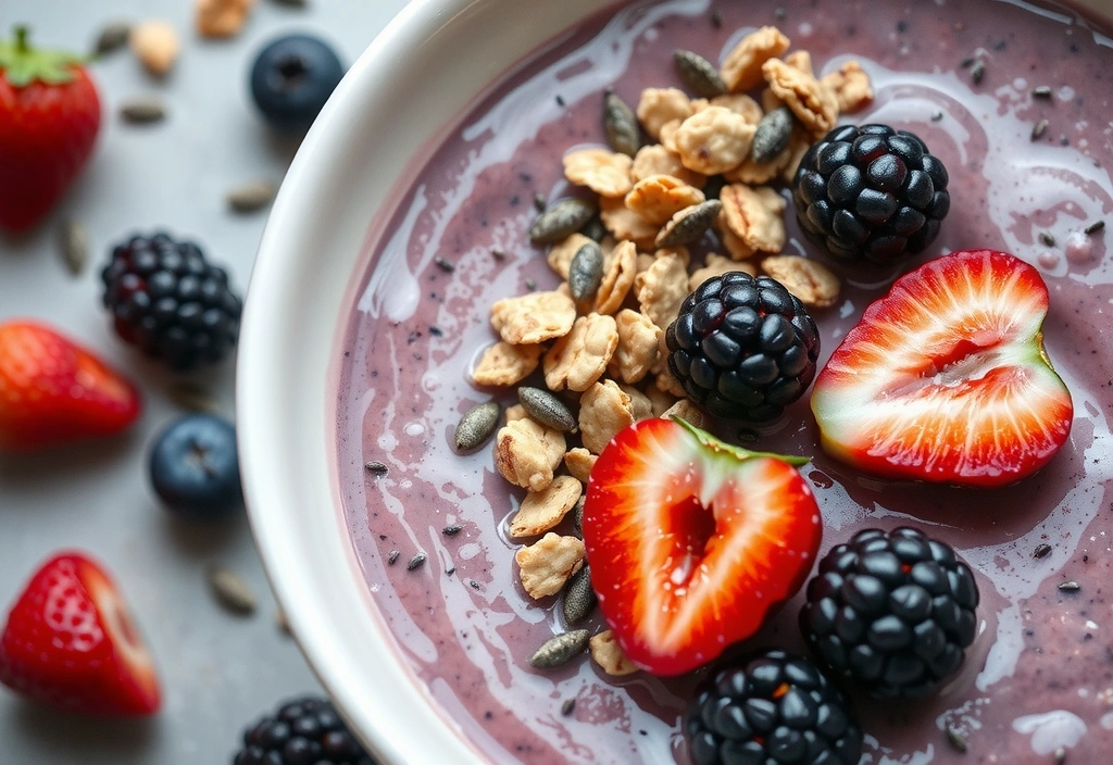 A close-up of a vibrant smoothie bowl with various fruits and seeds, symbolizing healthy nutrition.