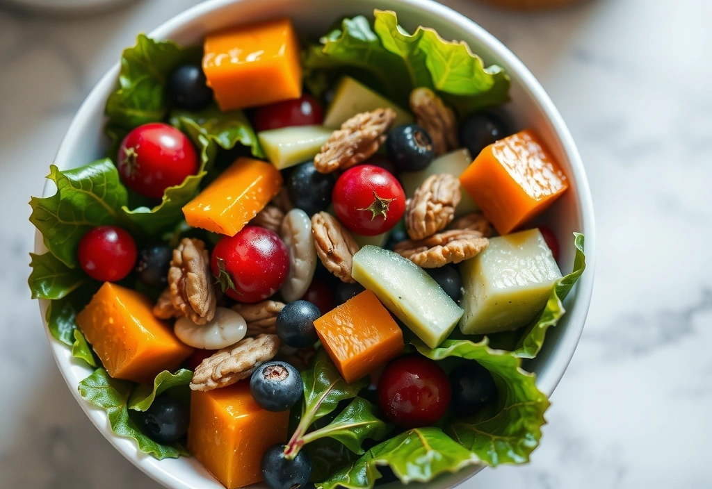A colourful, healthy salad bowl with fresh vegetables and fruits, representing mindful eating.