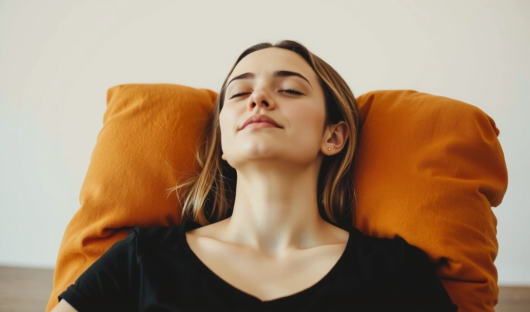 Person relaxing deeply in a supported restorative yoga pose with props