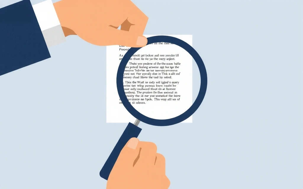A minimalist illustration of a person holding a large magnifying glass over a document, symbolizing review and transparency.