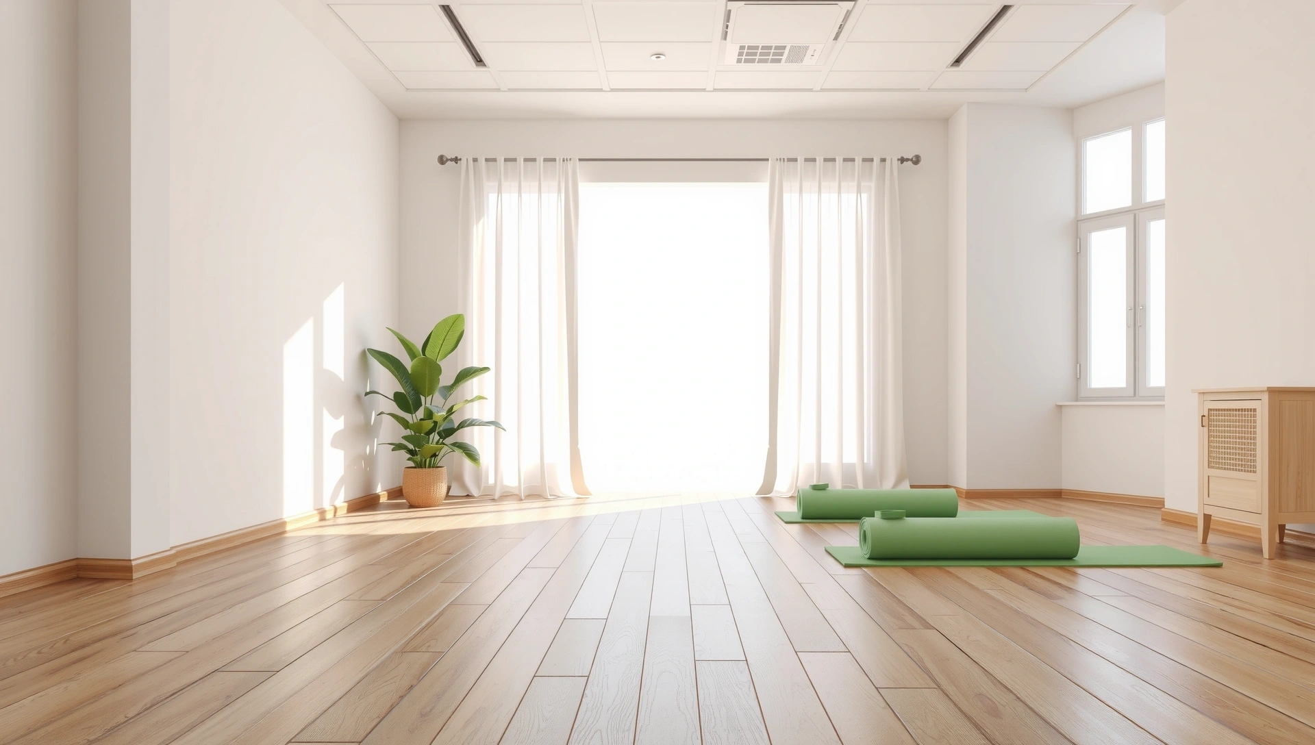 Serene yoga studio with soft lighting