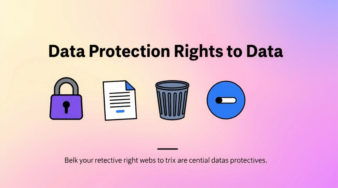 A digital illustration of various icons representing data protection rights (lock, document, trash can, pause button), set against a calming purple and yellow backdrop.