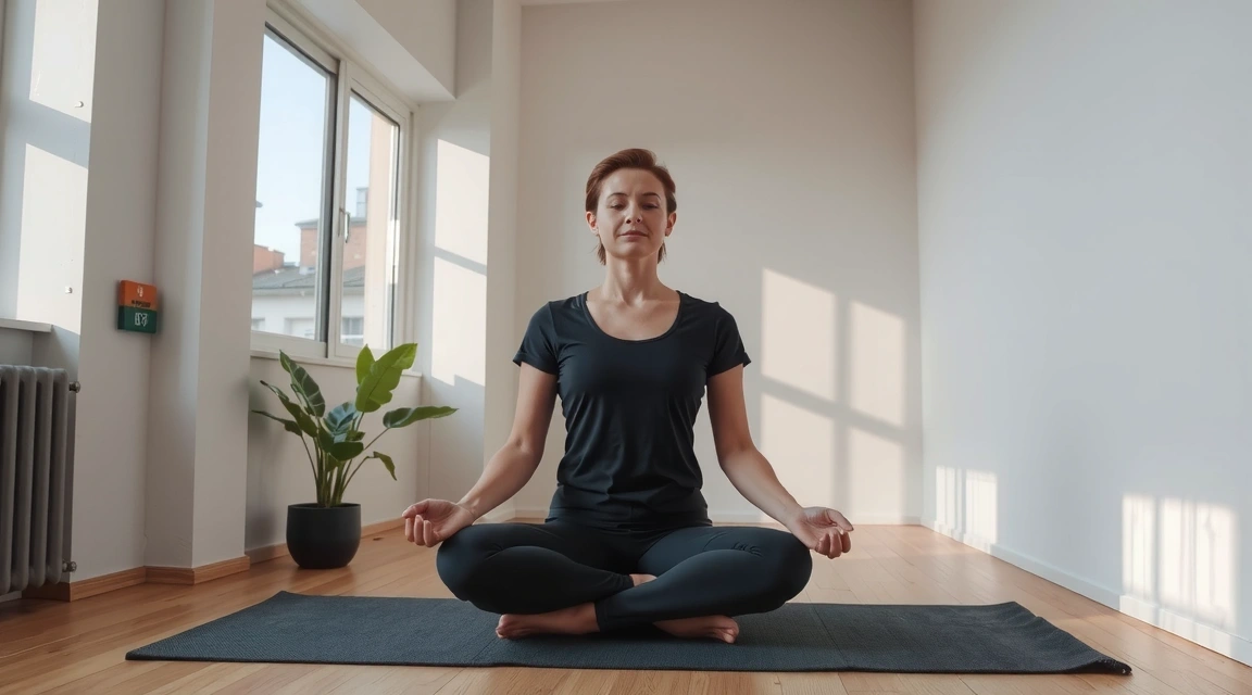 A serene image of a person meditating in a yoga studio, surrounded by soft lighting and natural elements, symbolizing privacy and calm.
