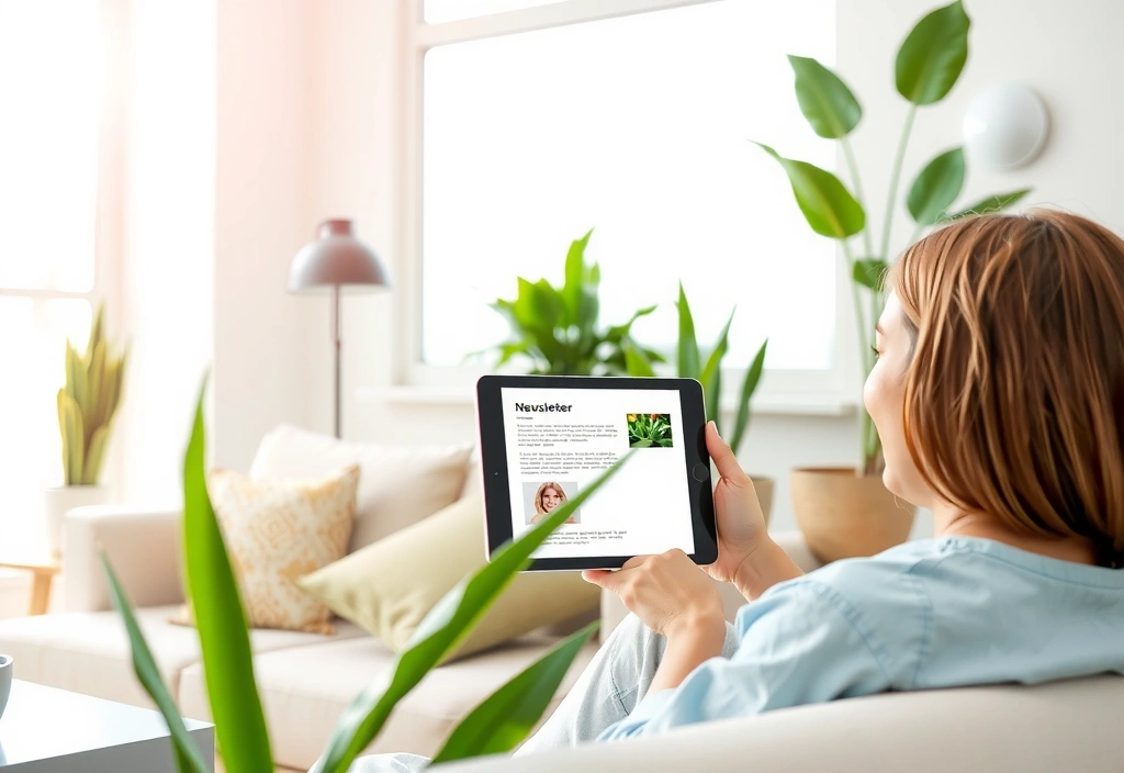 A person happily reading an email newsletter on a tablet, surrounded by lush green plants, symbolizing fresh content